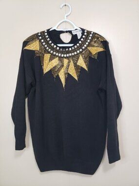 VTG Victoria Harbour Womens M Sweater Pullover Beaded Collar Ramie Cotton Black